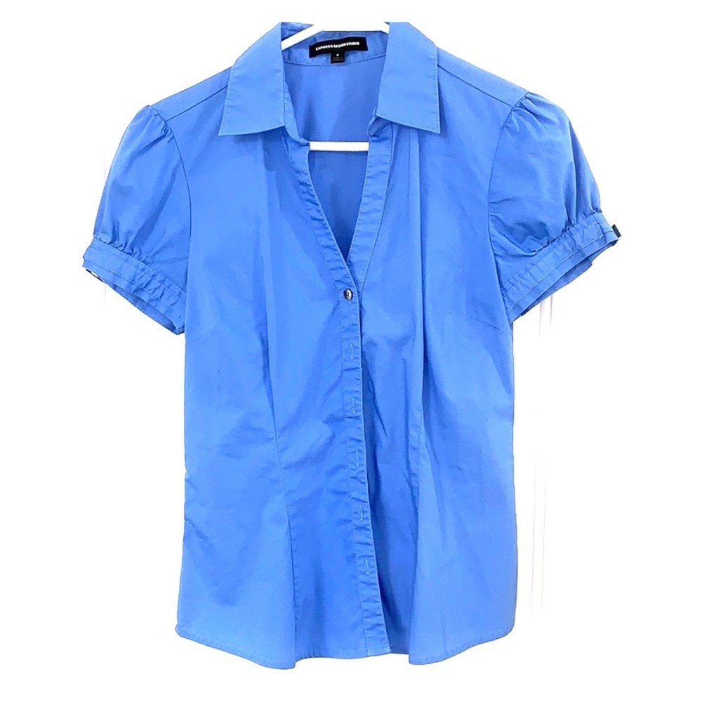 light blue button down top